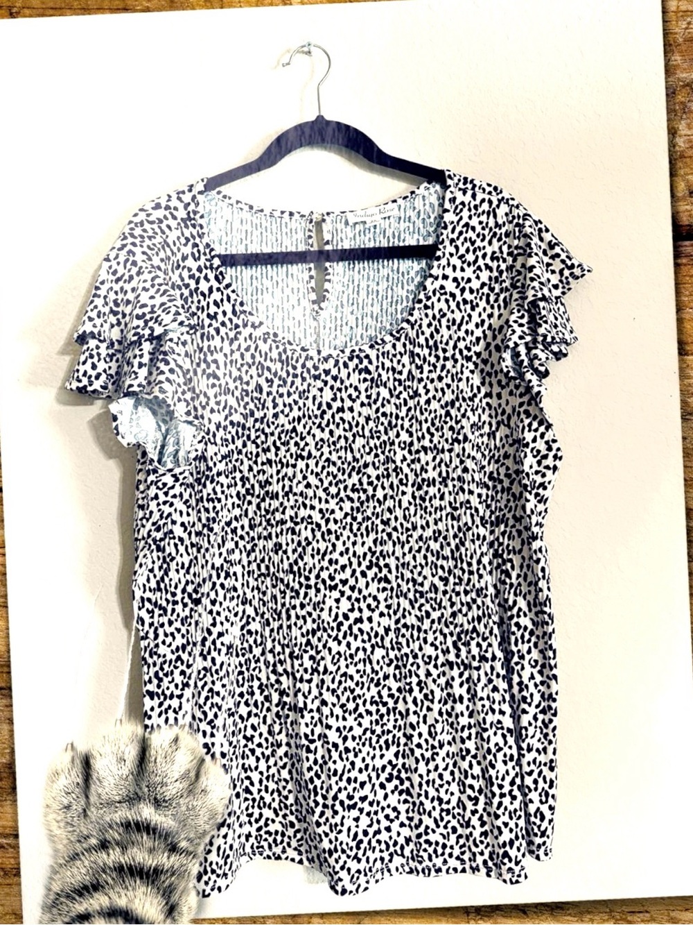 Indigo Rose 2X Beige and Black Animal Print Ruffle Sleeve Blouse